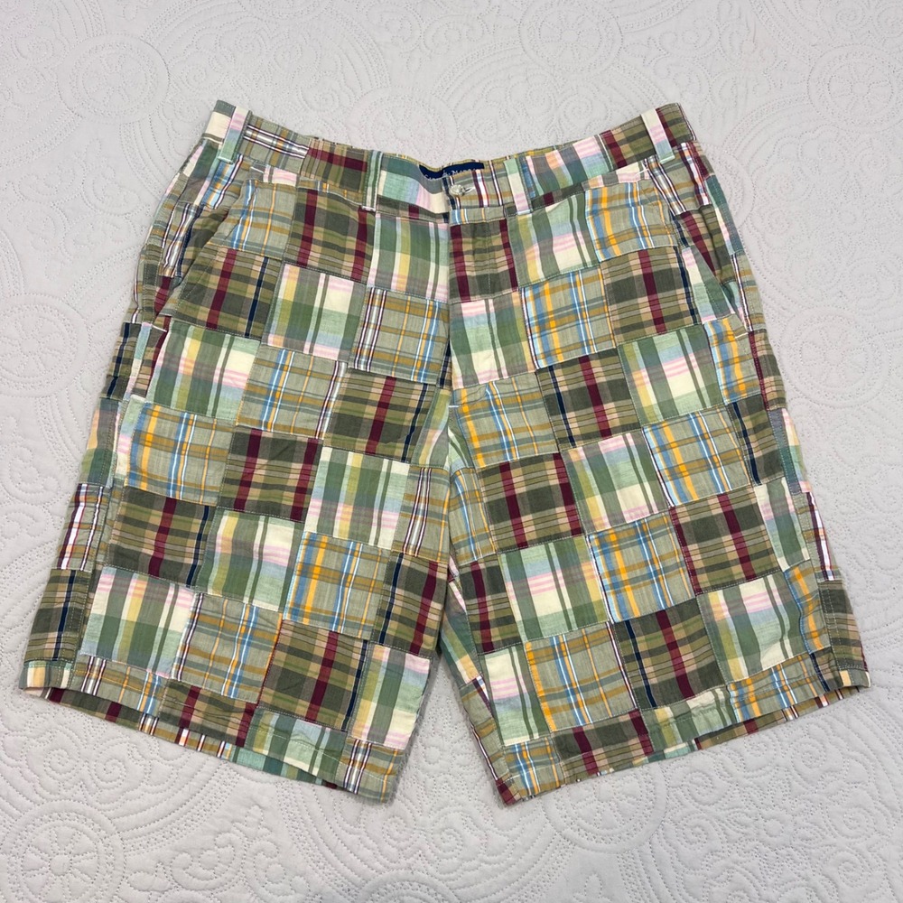 Cape Madras Mens 38 Patchwork Plaid Shorts Green Multi Color 100% Cotton Preppy